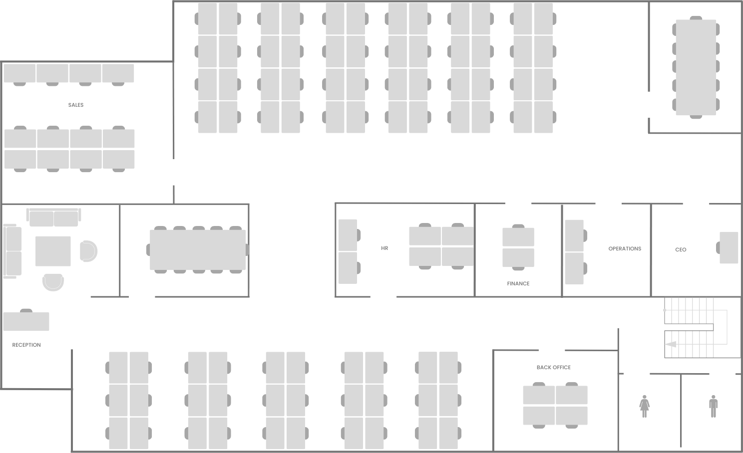 Floorplan of Nexus Group Melbourne Head Office Level 14 showing Sales, Reception, HR, Finance, Operations, CEO and Back Office areas, meeting tables, workstations, amenities and stairs.